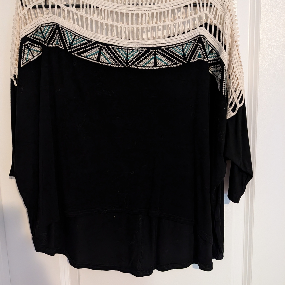 Black Top with Crochet and Geometric Design